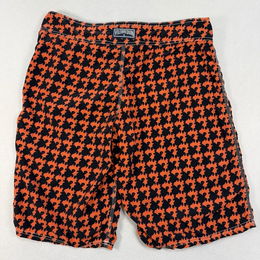 Vilebrequin Men's Geometric Turtle Print Lined Swim Shorts Orange Black Size XL